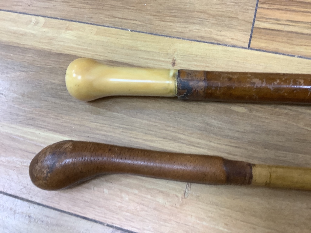 Two walking sticks, one with marine ivory handle and a painted fan